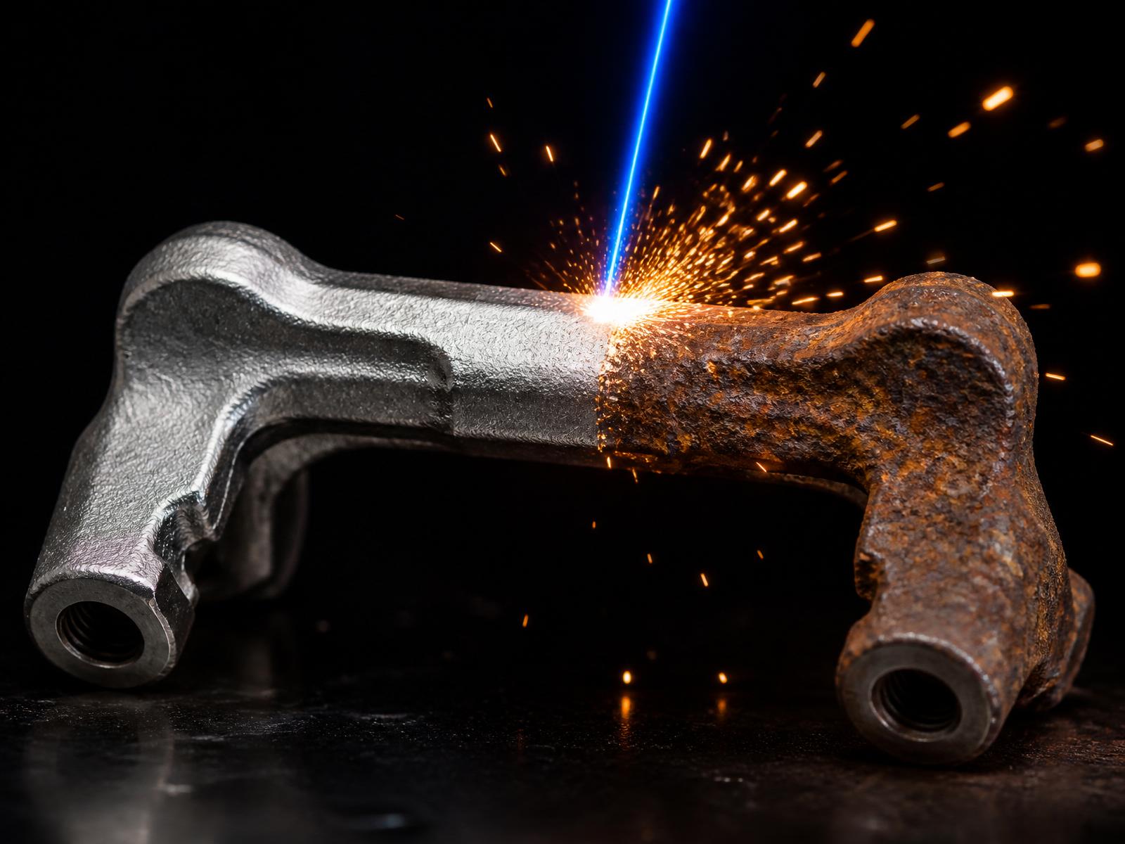 Pulsed laser cleaning a rusted caliper bracket